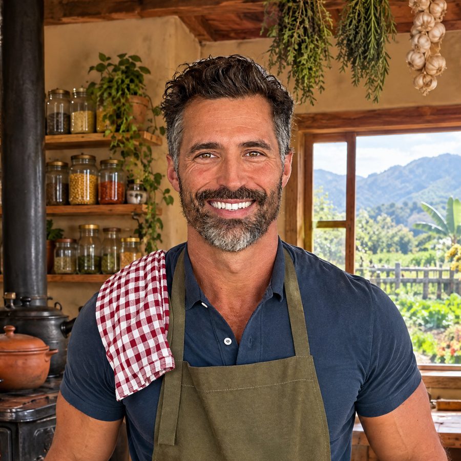Antônio Bertolini na cozinha do sítio, de avental, atrás da bancada de madeira