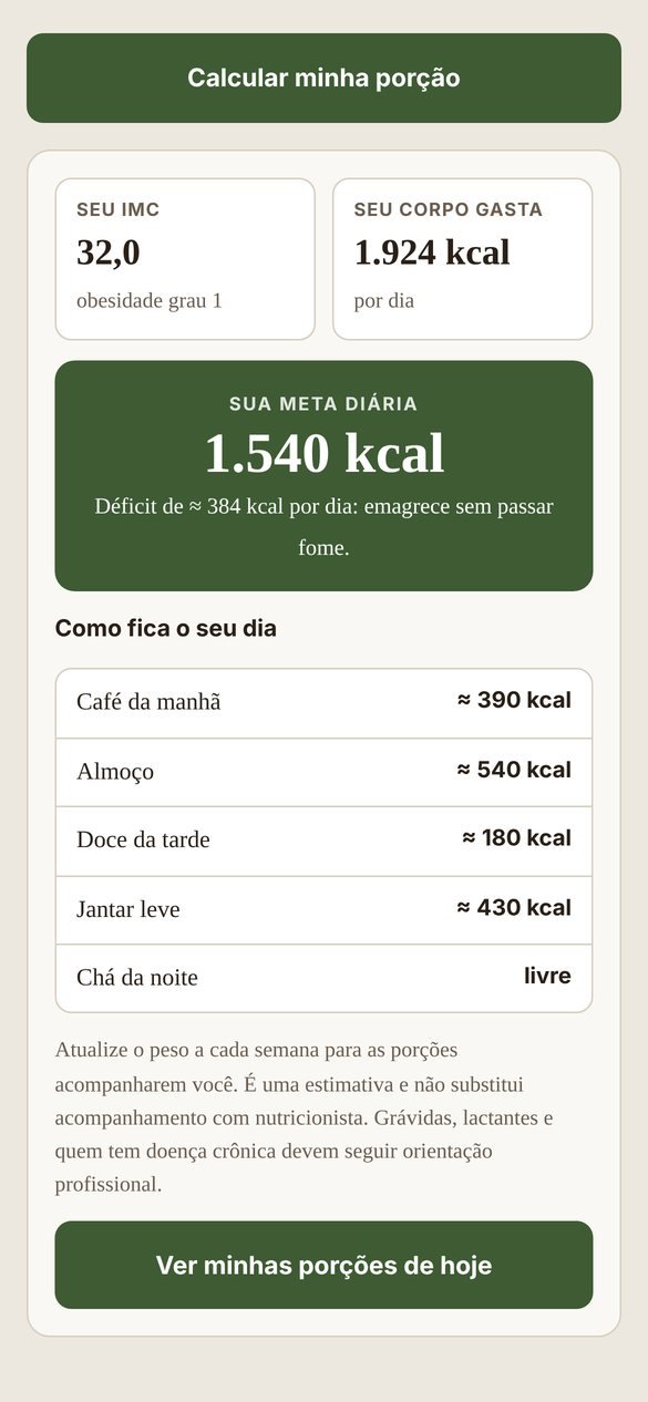 Tela com a meta diária de calorias calculada e a divisão por refeição