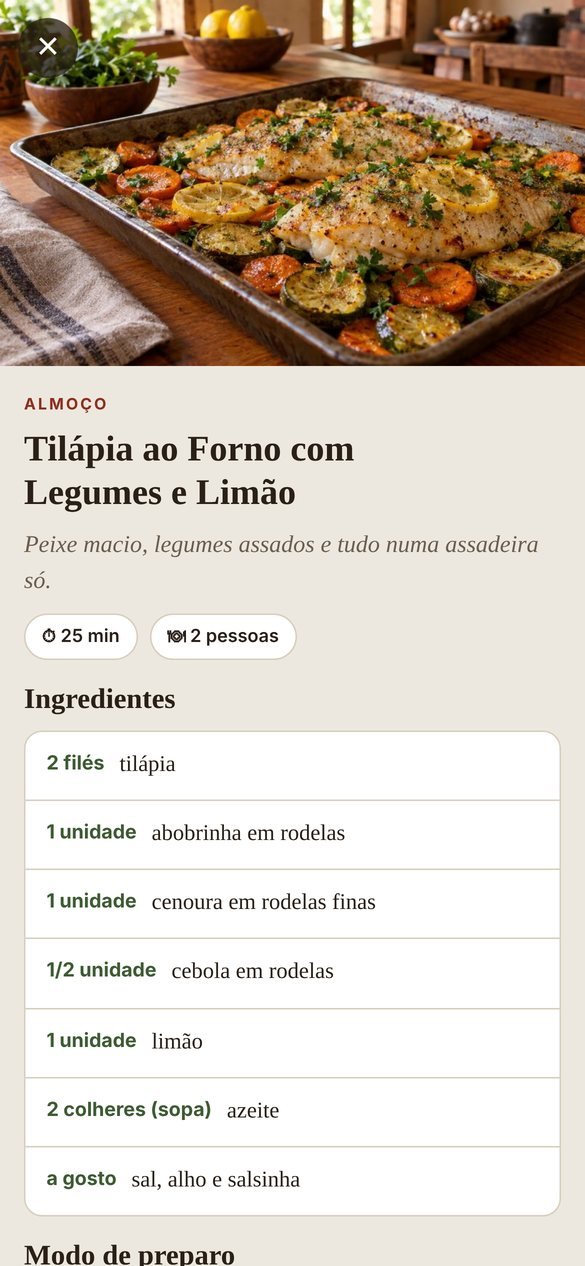 Tela de receita com foto da tilápia ao forno, tempo de preparo e ingredientes