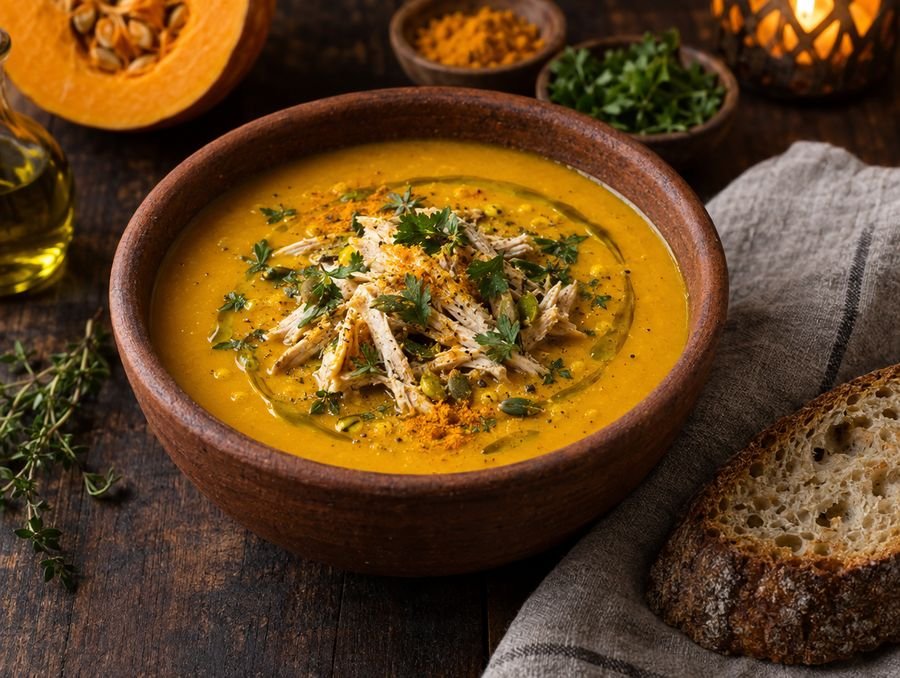 Tigela de barro com creme de abóbora e frango desfiado